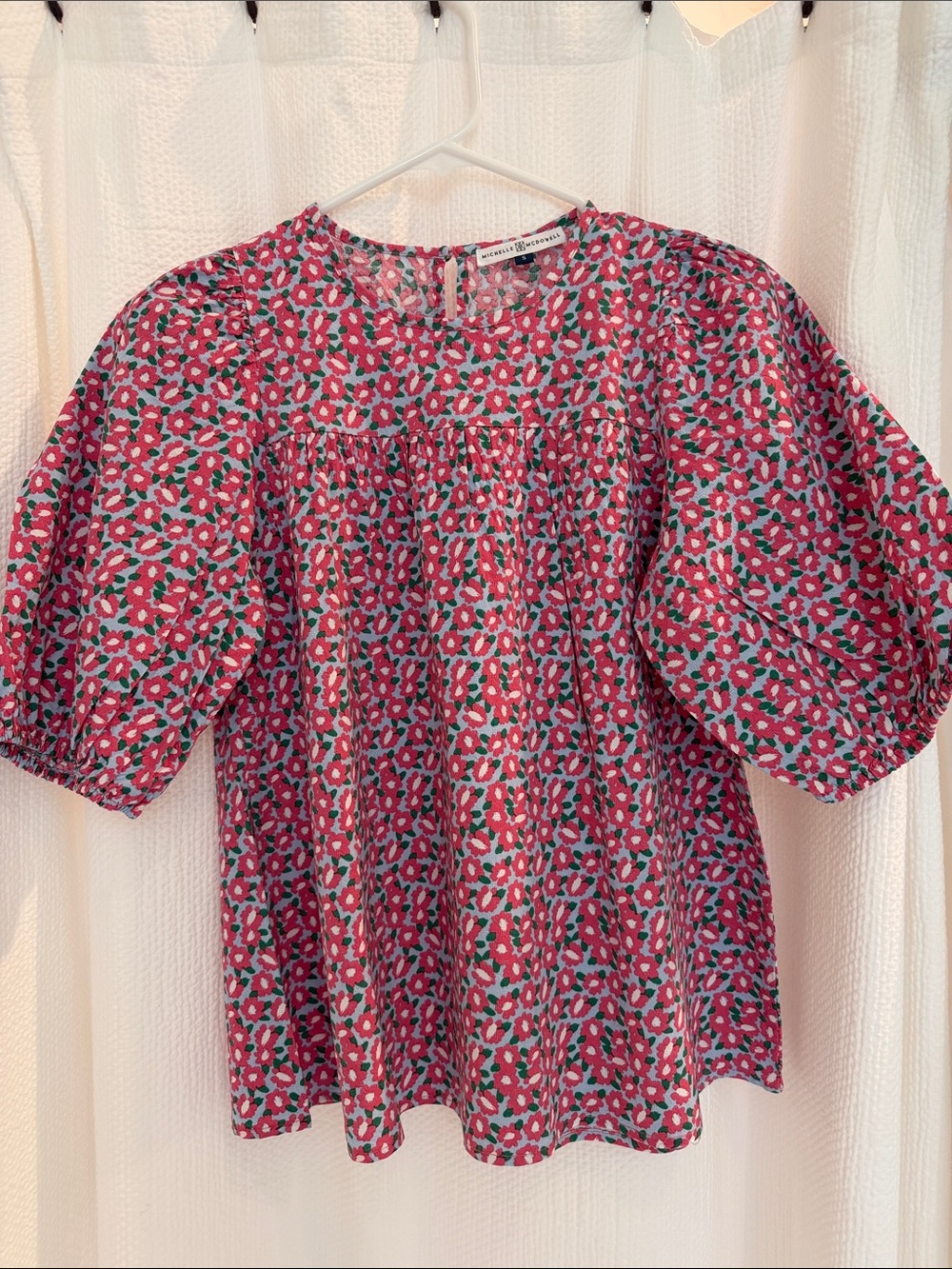 Floral Puff-Sleeve Blouse in Pink & Green